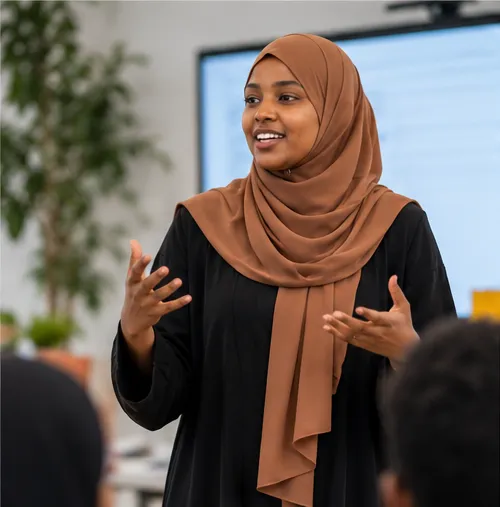 A young woman speaking and gesturing to a group in a training room.