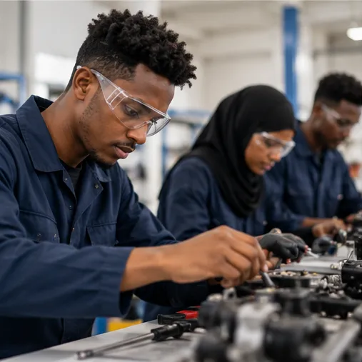 Young people in workwear and safety glasses assembling equipment at a workbench.